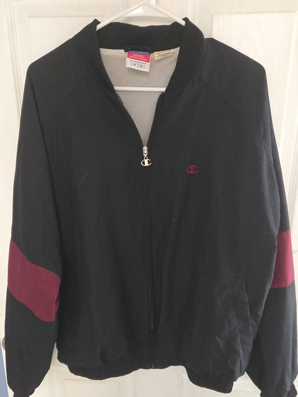 Vintage Champion Black Bomber Jacket with Burgundy Accents